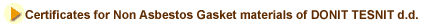 Certificate for Non Asbestos Gasket materials of DONIT TESNIT d.d.